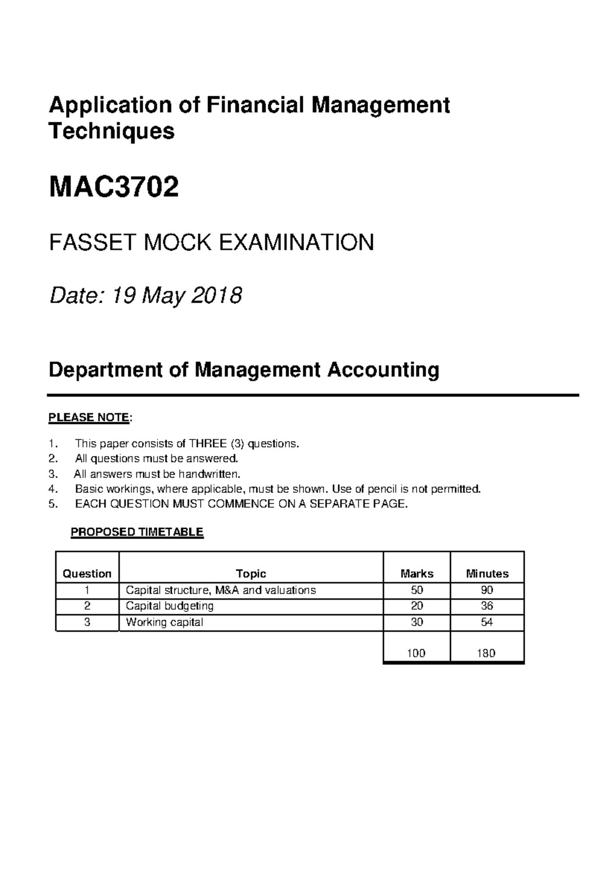 Financial Management Techniques Mock Exam MAC3702 - 19 May 2018 - Studocu