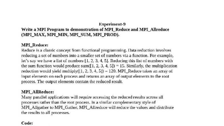 Exp9 - Lab Exercise: MPI_Reduce & MPI_Allreduce Demonstration - Studocu