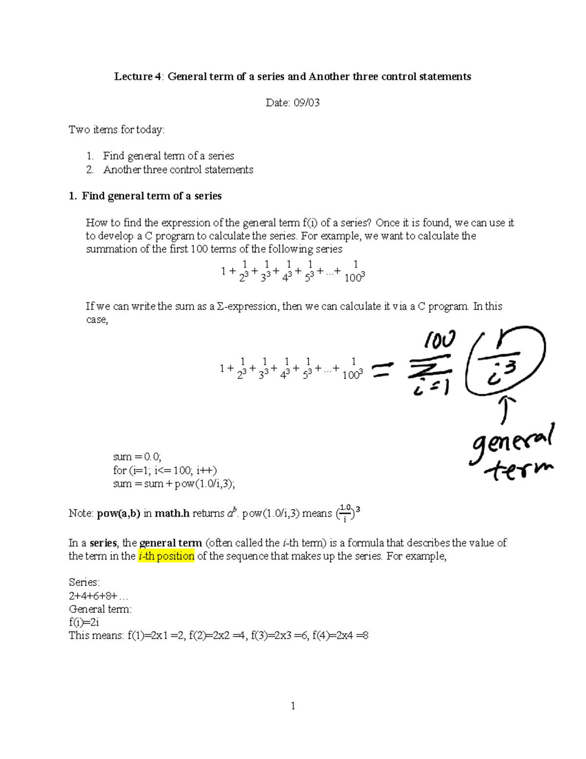 Lecture 4: General Term of a Series & Control Statements Overview - Studocu