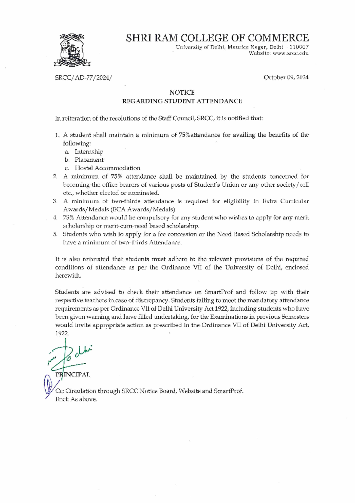 Notice on Attendance Requirements for SRCC Students - October 2024 ...
