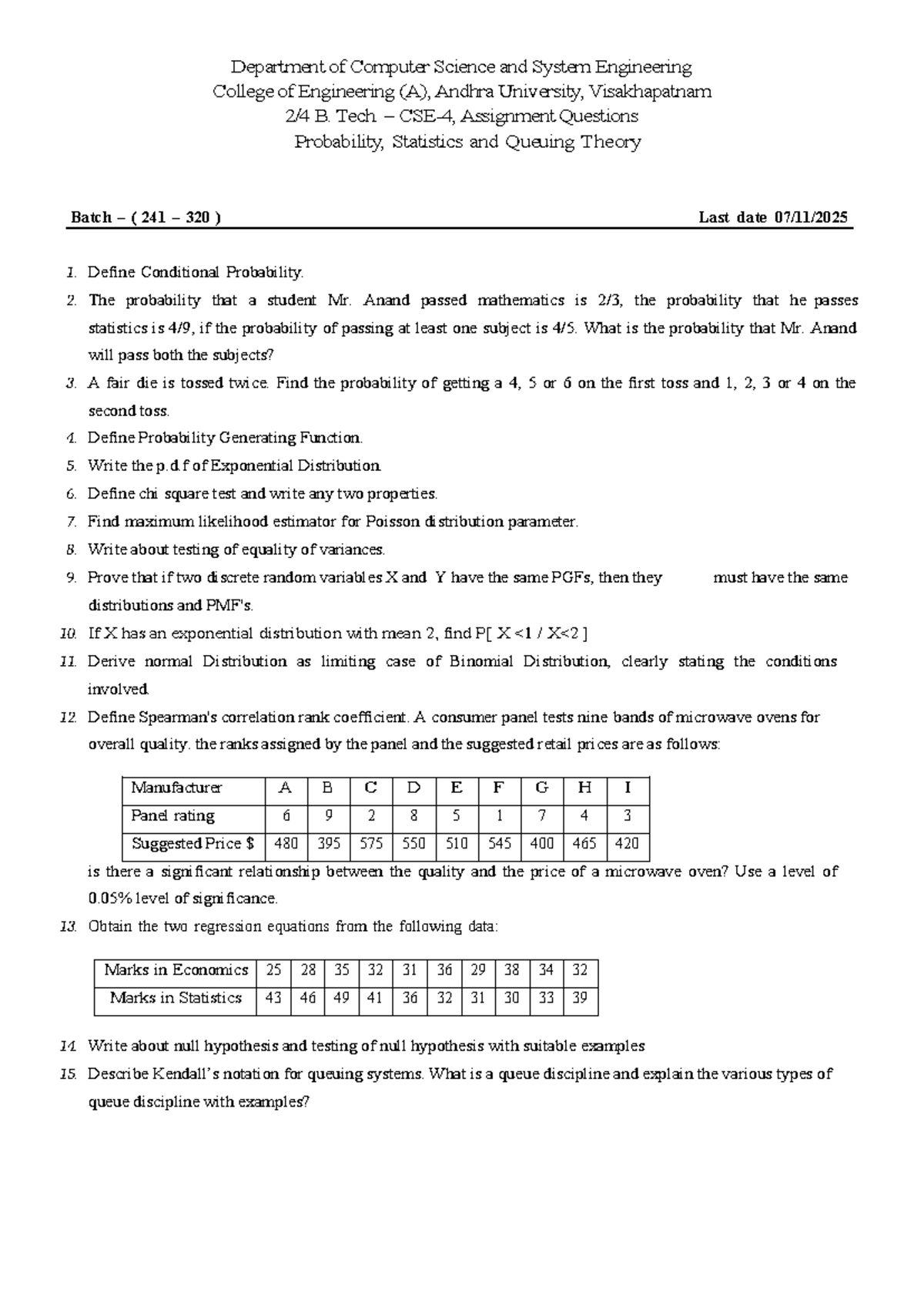 CSE-4: Assignment Questions on Probability, Statistics & Queuing Theory ...