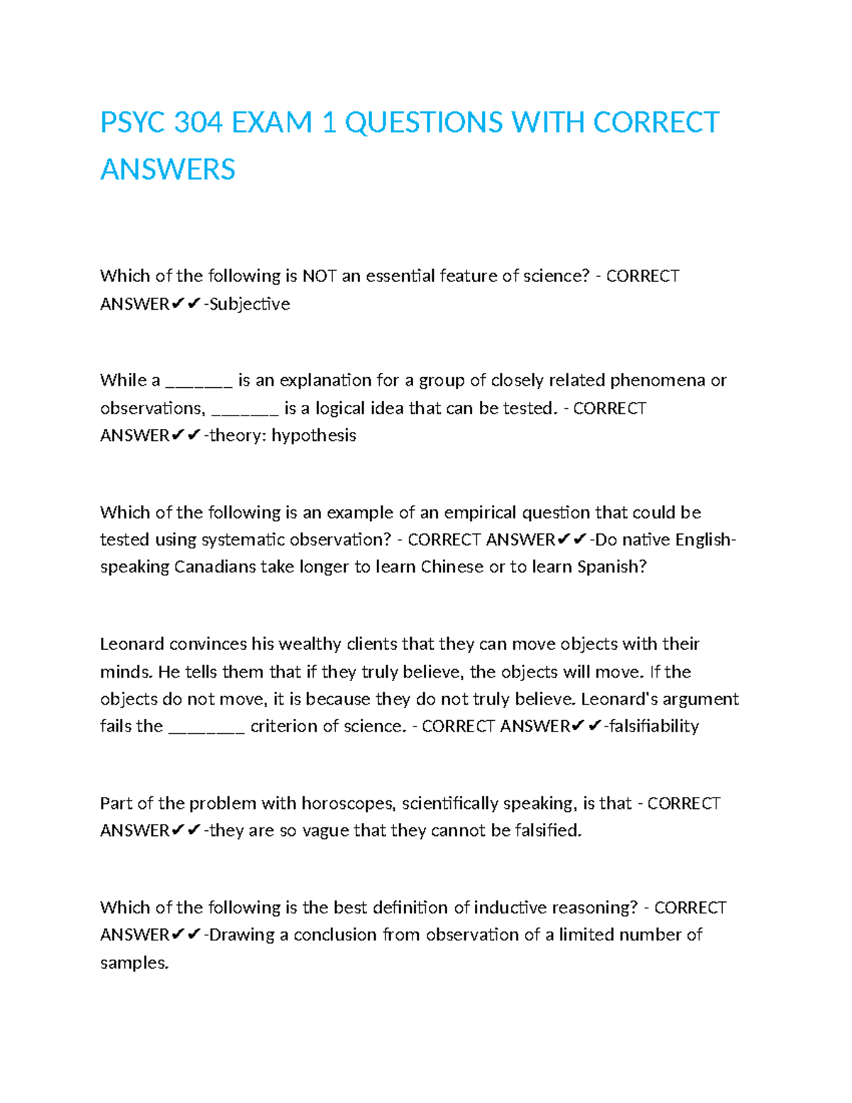 PSYC 304 EXAM 1: Key Questions and Correct Answers - Studocu