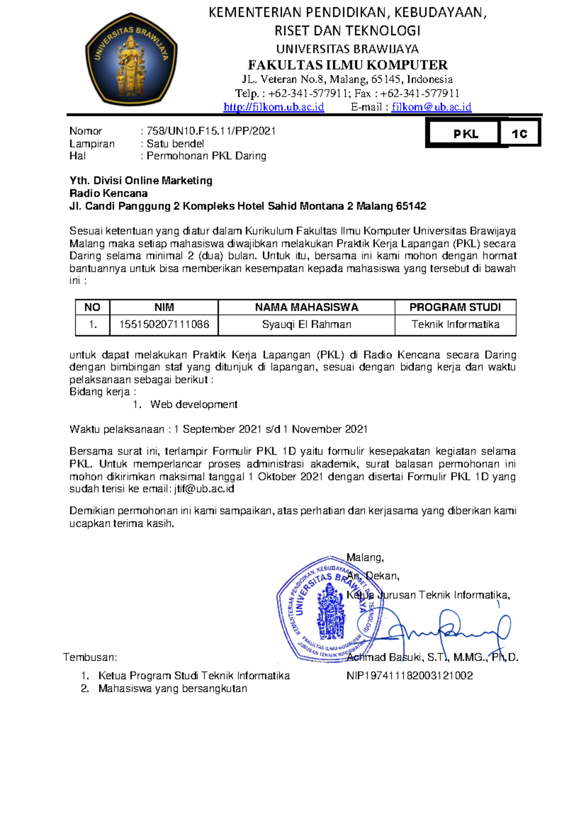 Contoh Form 1C permohonan Praktik Kerja Lapangan - KEMENTERIAN ...