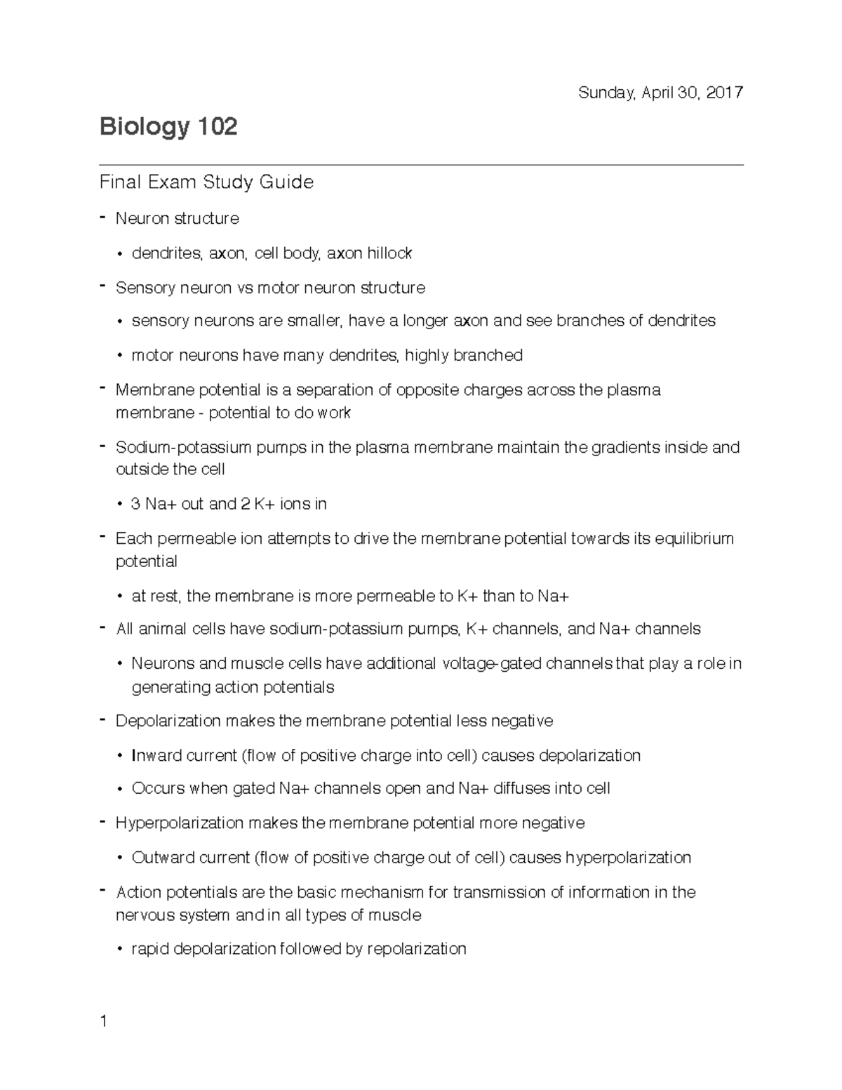Bio102 final exam study guide - Sunday, April 30, 2017 Biology 102 ...