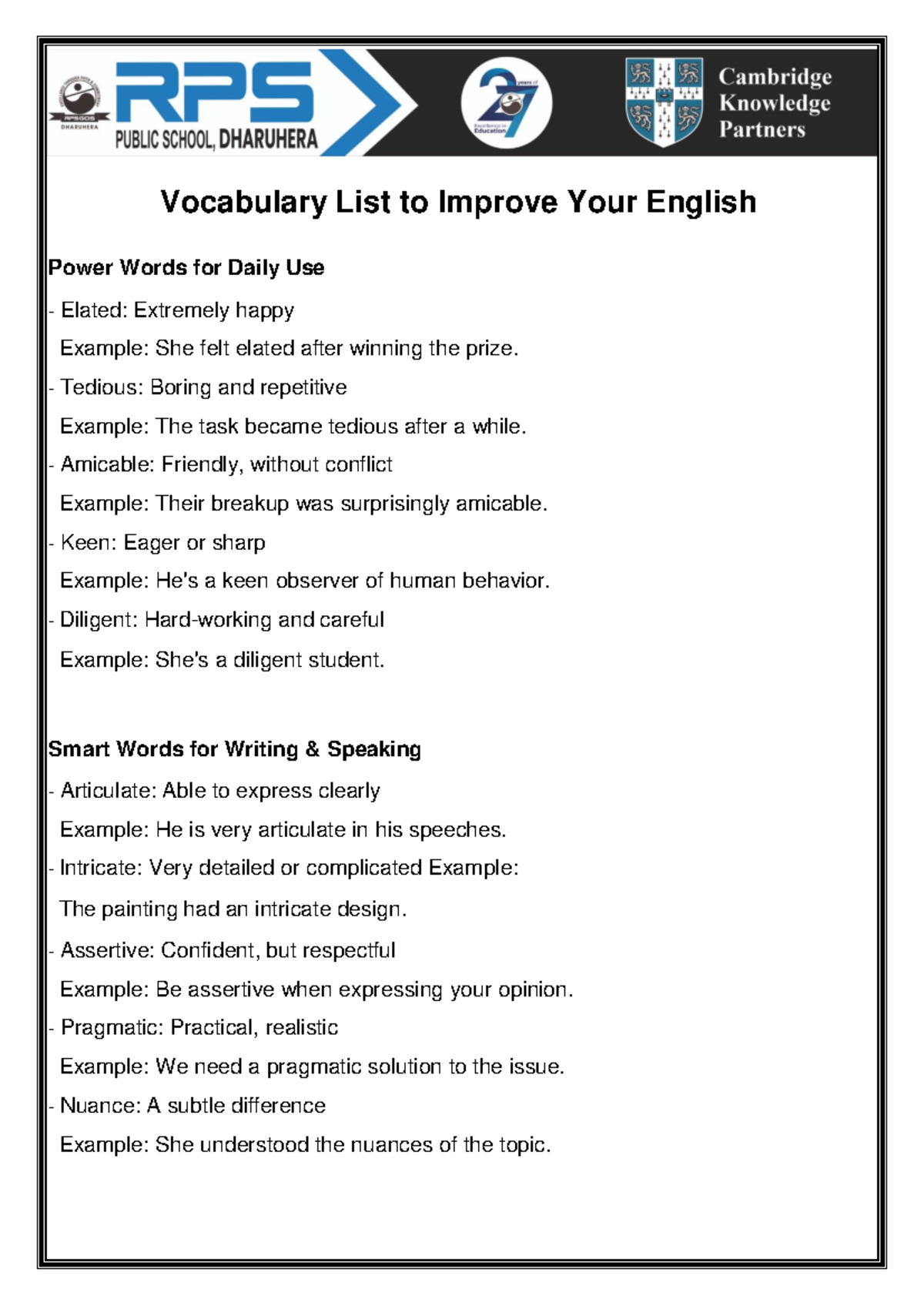 Vocabulary VI-VIII: Power Words for Daily English Use - Studocu