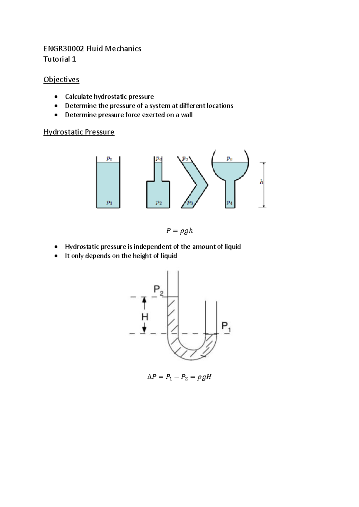 Final Exam Summary for Fluid Mechanics Tutorials 1-11 (ENGR 101) - Studocu