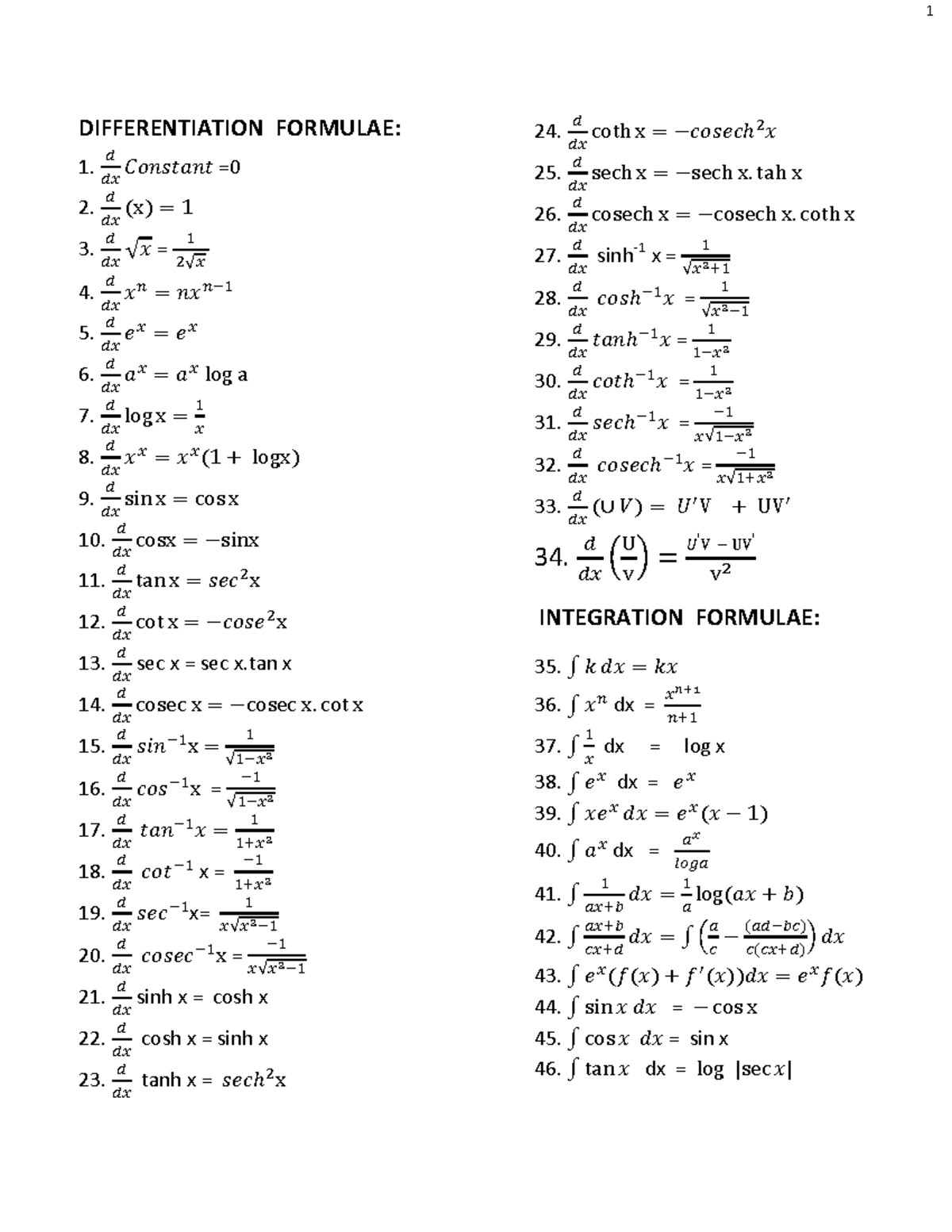 441698168- Maths- Formulas - 1 DIFFERENTIATION FORMULAE: 1. 𝑑 𝑑𝑥 ...