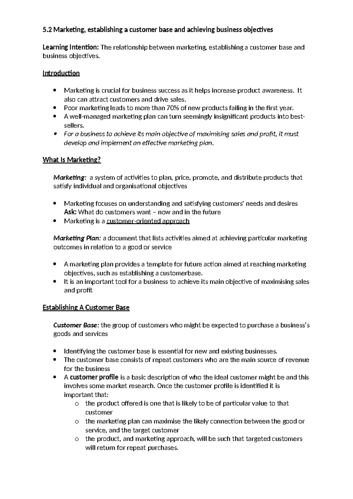 VCE Business Management Unit 2 Outcome 2: Marketing and Customer Base ...