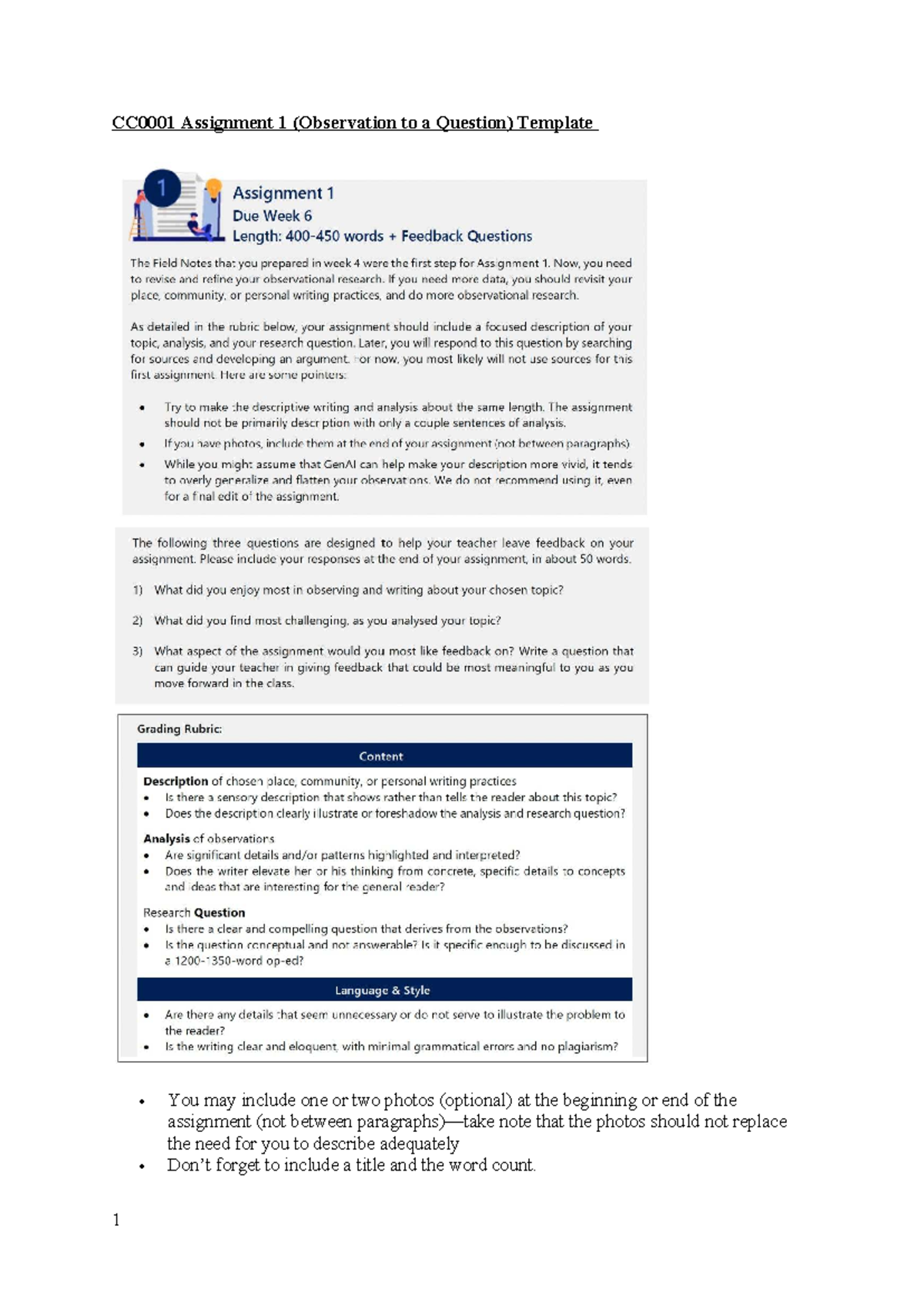 CC0001 Assignment 1 Submission Template: Observation to a Question ...