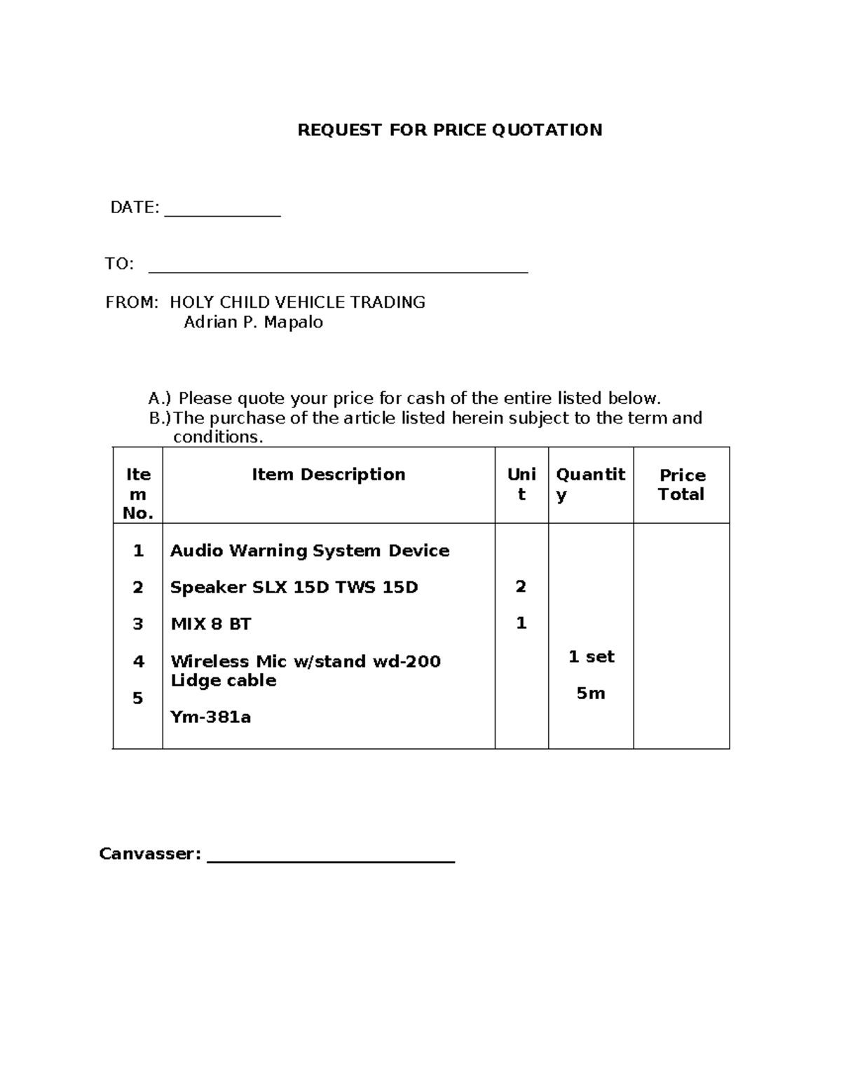 233915800 Request for Price Quotation short - REQUEST FOR PRICE ...