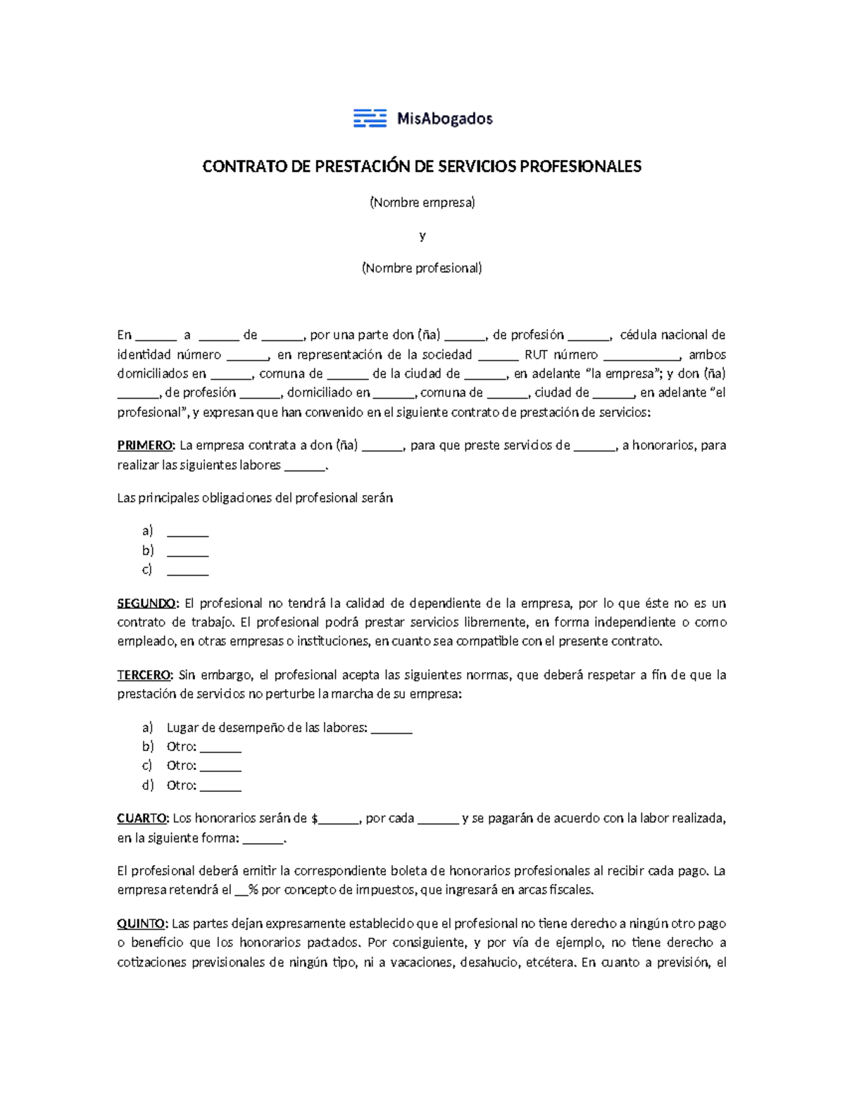 Modelo Contrato Honorarios 2021: Prestación de Servicios Profesionales ...