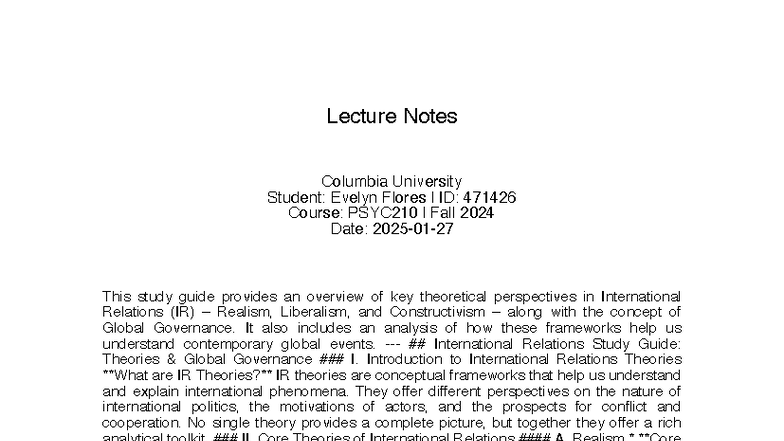 PSYC210 Fall 2024 Lecture Notes: Theories of International Relations ...