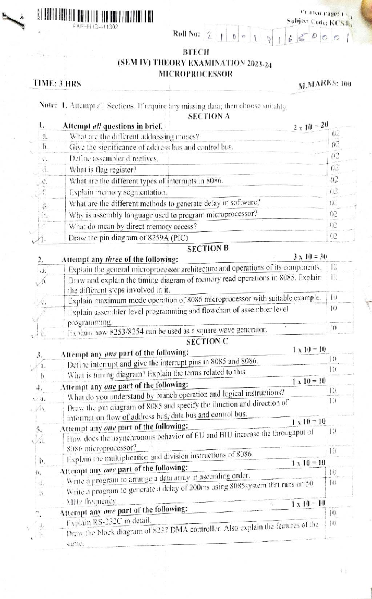 KCSA BTECH SEM IV Microprocessor Theory Exam Paper - Previous Year ...