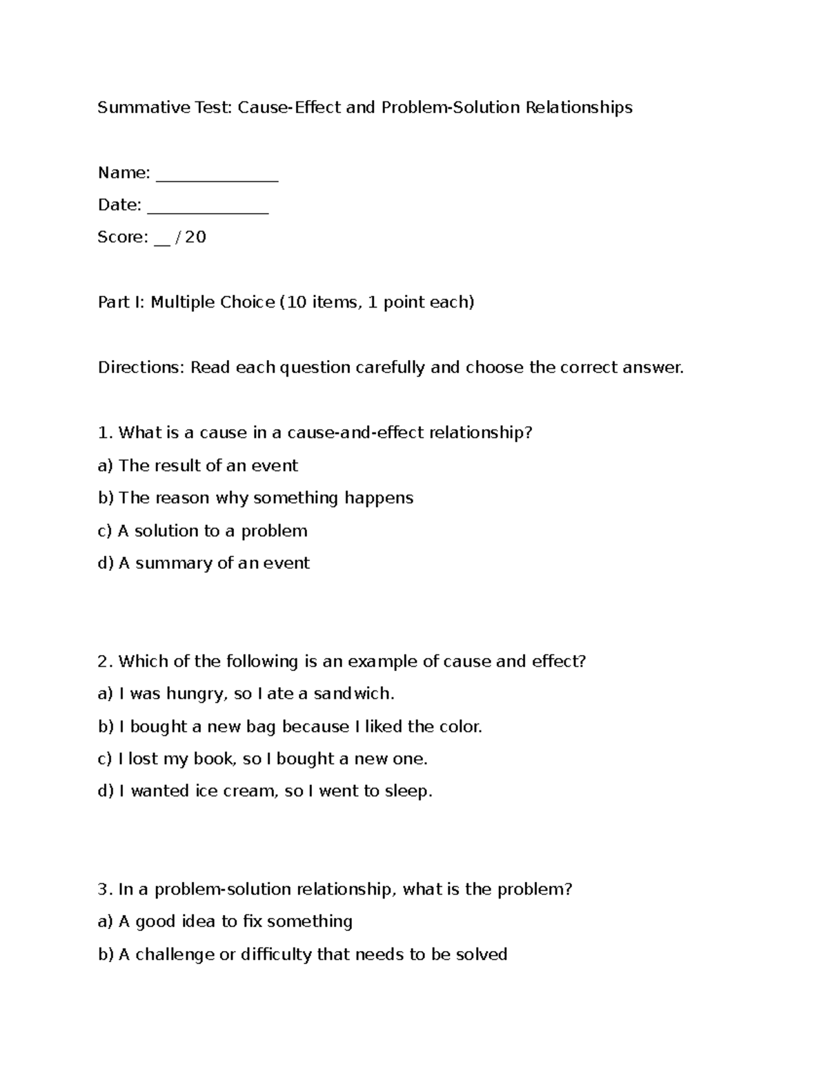 Summative Test: Cause-Effect & Problem-Solution Relationships - Studocu