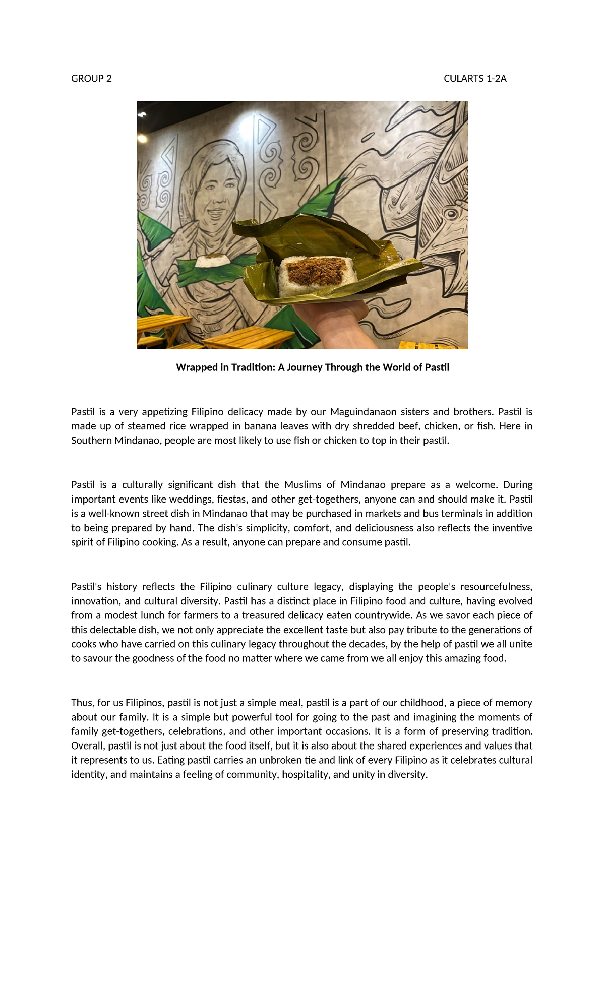 CulArts 1: Pastil - A Culinary Tradition of Filipino Identity - Studocu