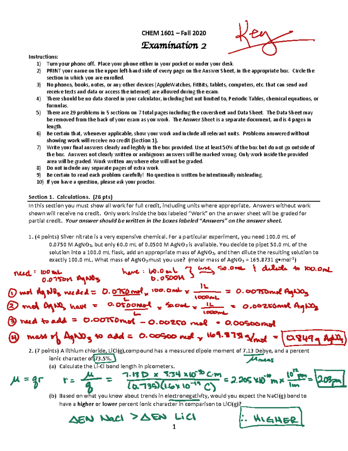 Chem 1601 Fall 2020 Exam 2 Key with Detailed Solutions - Studocu