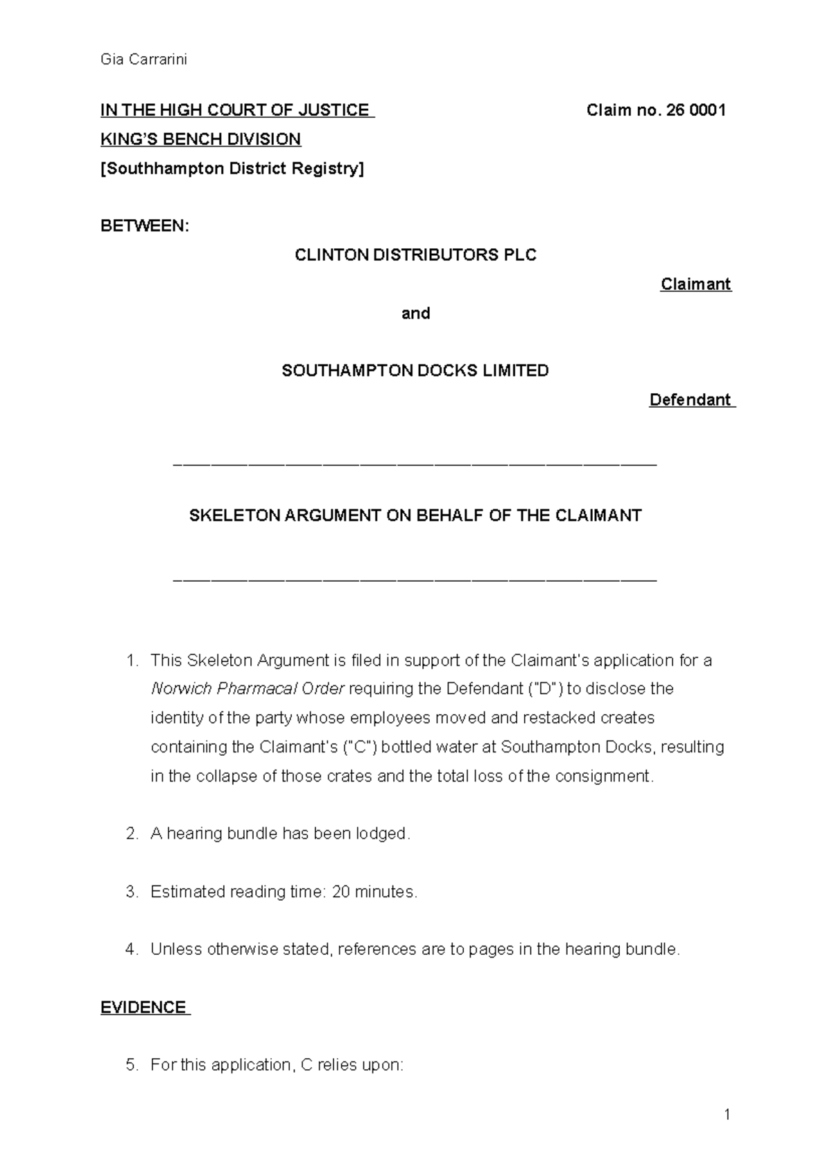 Clinton Distributors PLC v. Southampton Docks Ltd: Skeleton Argument ...