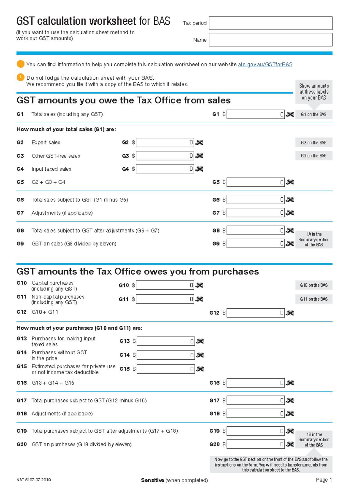 GST Worksheet - Use for GST Calculation - NAT 5107-07 Sensitive (when ...