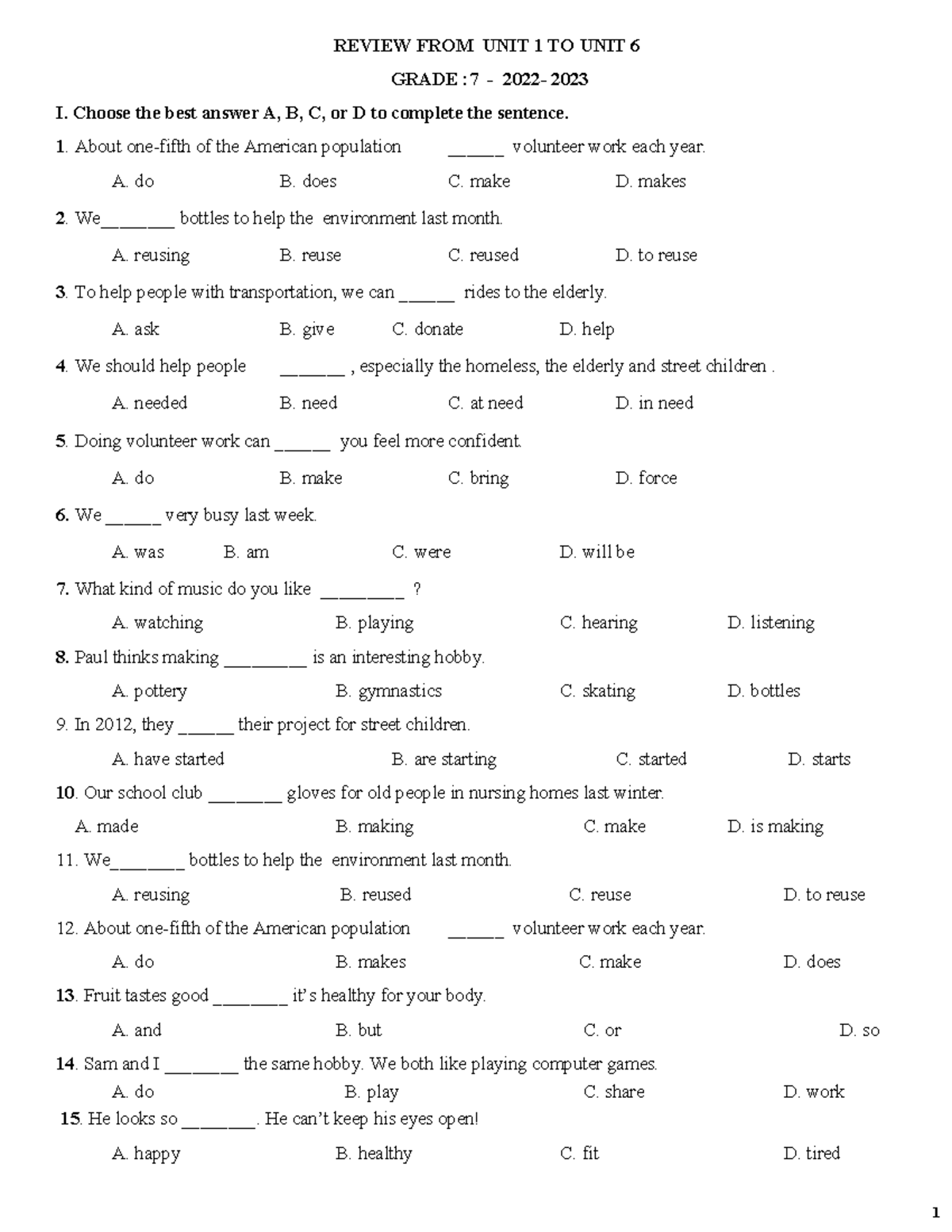 REVIEW FOR GRADE 7 ENGLISH FINAL EXAM (2022-2023) - Studocu