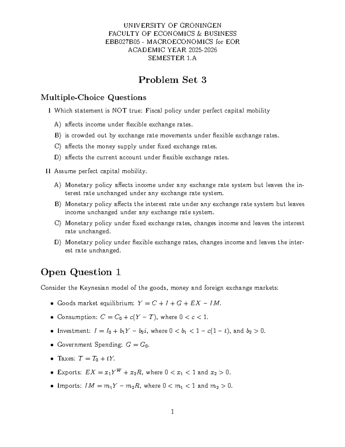 Macroeconomics EBB027B05 Problem Set 3: Analysis & Questions - Studeersnel