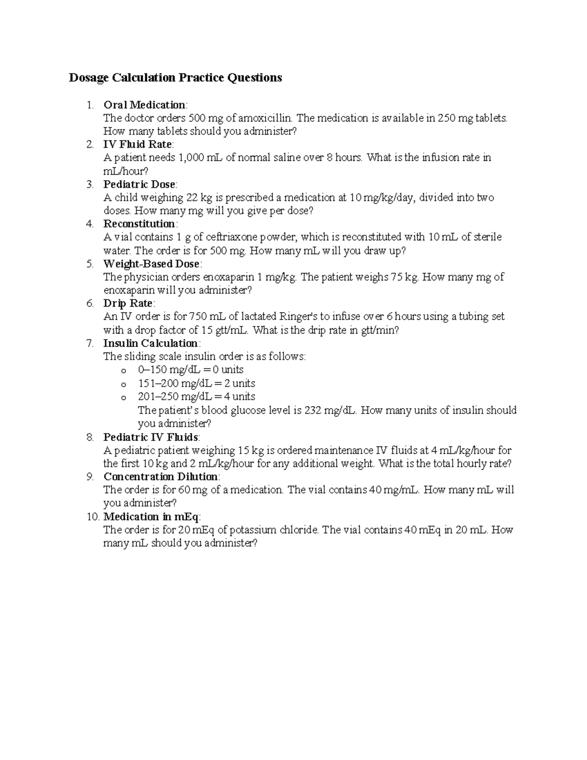 Dosage Calculations Practice Questions for Nursing Students - Studocu