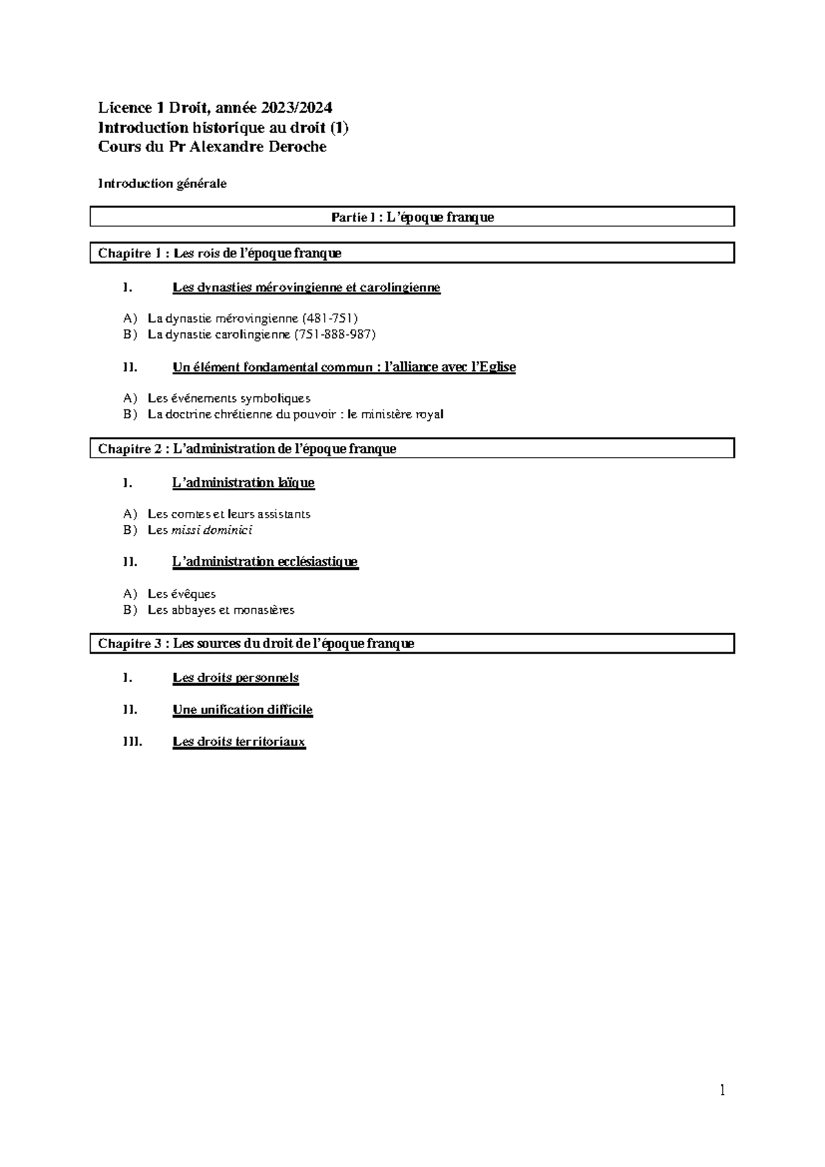 Plan du cours : Histoire du droit (Licence 1 Droit 2023) - Studocu