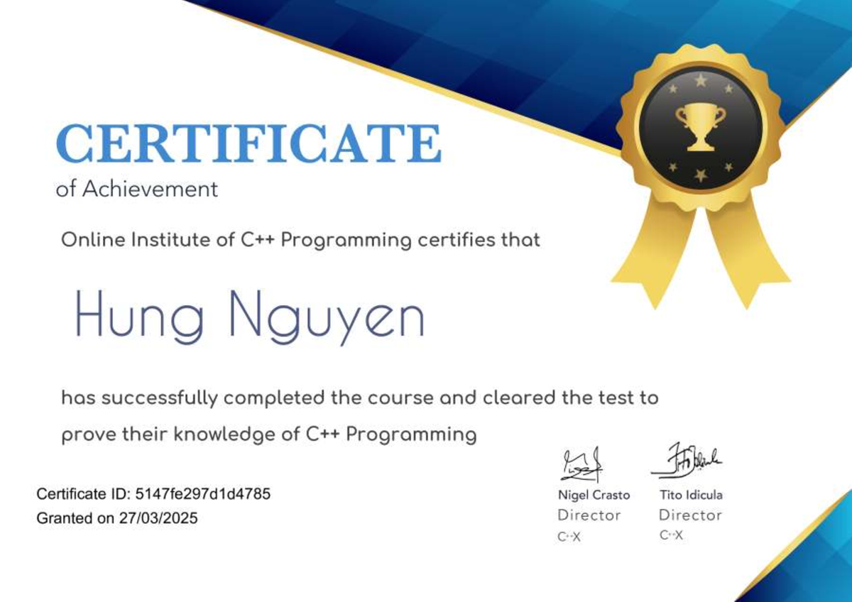 Certificate C++ - gaergaer - Lap Trinh Truc Quan - CERTIFICATE of ...
