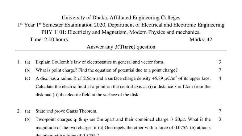 PHY 1101: Electricity, Magnetism & Modern Physics Exam 2020 - Studocu