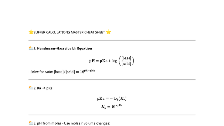 BUFFER CALCULATIONS CHEAT SHEET FOR pH & pKa - Studocu