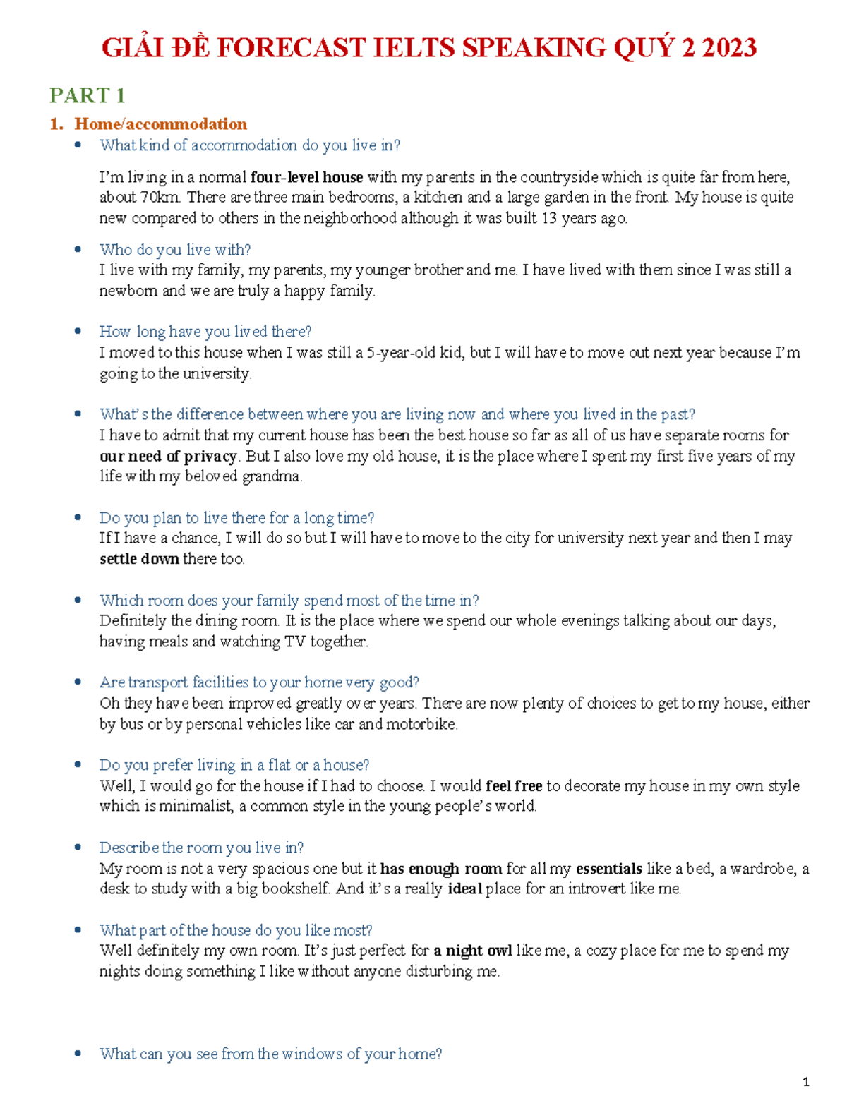 GIẢI ĐỀ FORECAST IELTS SPEAKING QUÝ 2 2023: PART 1 & 2 Insights - Studocu