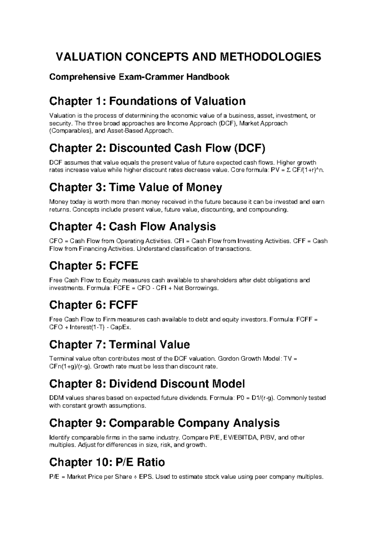 VALUATION CONCEPTS AND METHODOLOGIES: Exam Crammer Handbook - Studocu