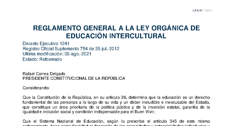 Reglamento General a la Ley Orgánica de Educación Intercultural (LOEI ...