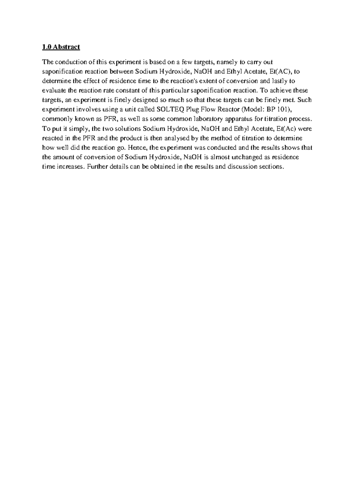 PFR Experiment: Effect of Residence Time on Saponification Reaction ...
