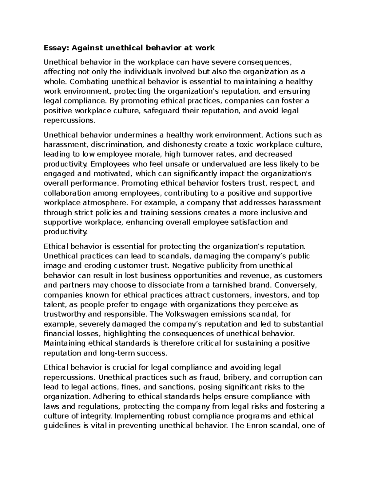 [Essay] Against unethical behavior at work - Essay: Against unethical ...