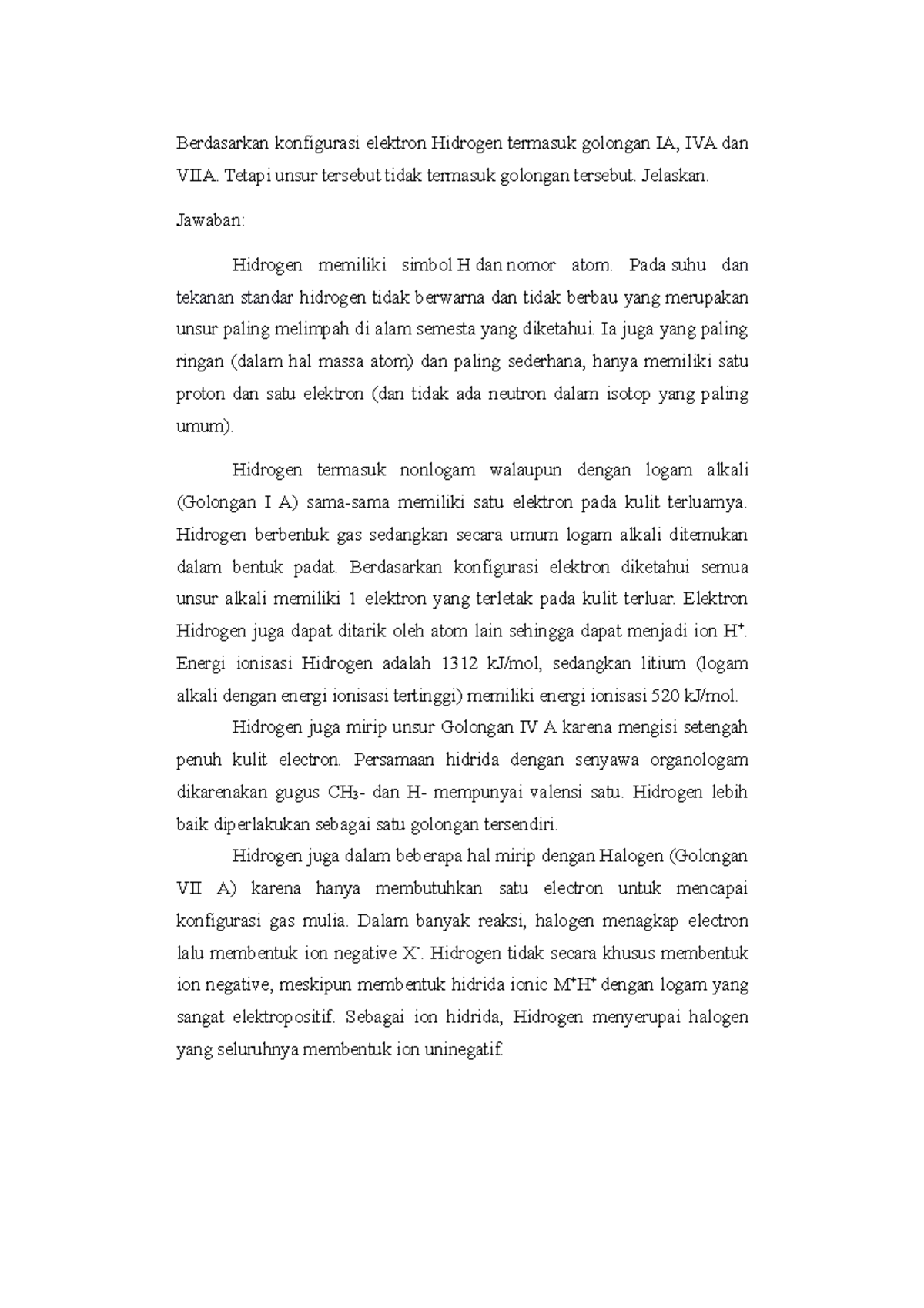 Analisis Hidrogen: Karakteristik dan Klasifikasi Kimia IA, IVA, VIIA ...