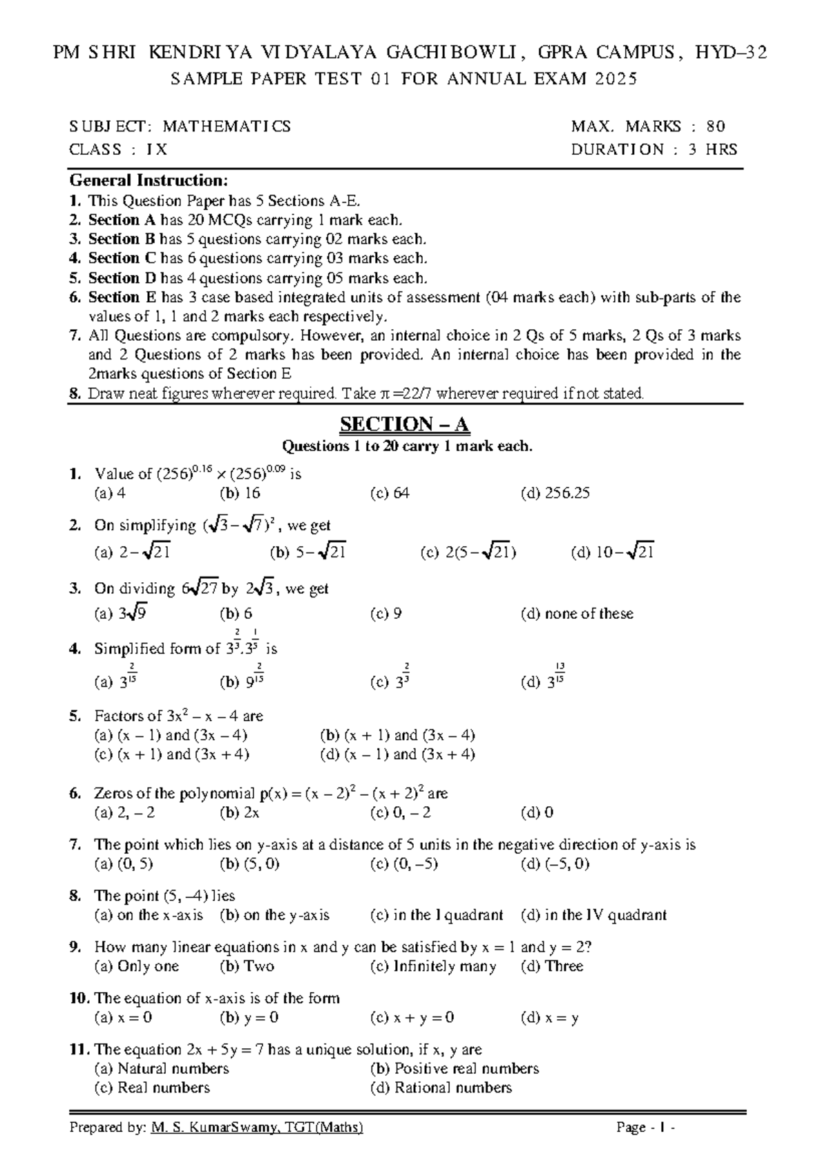 Maths class ix sample paper test 01 for annual exam 2025 qp - PM SHRI ...