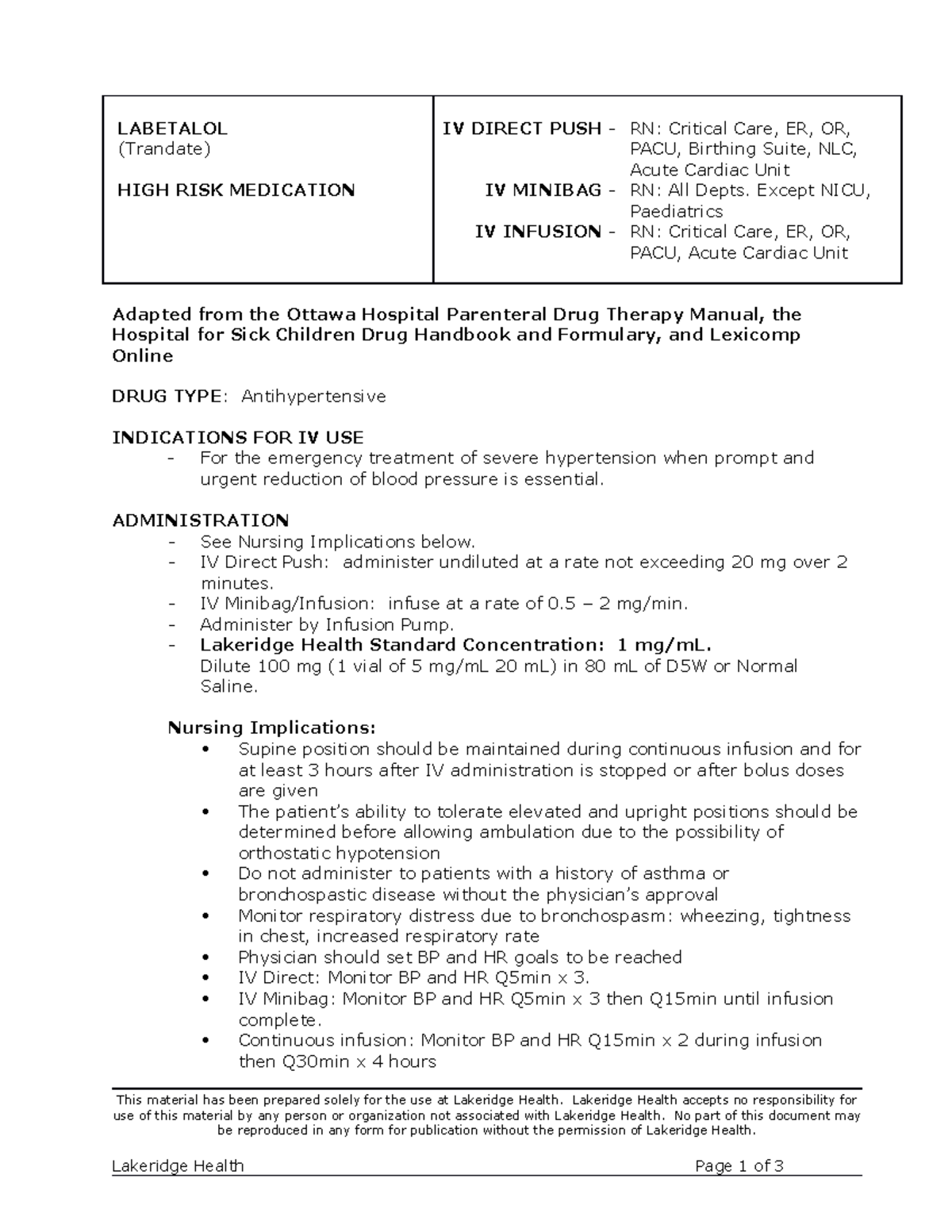 Labetalol (Trandate) - IV Administration Guidelines for Critical Care ...