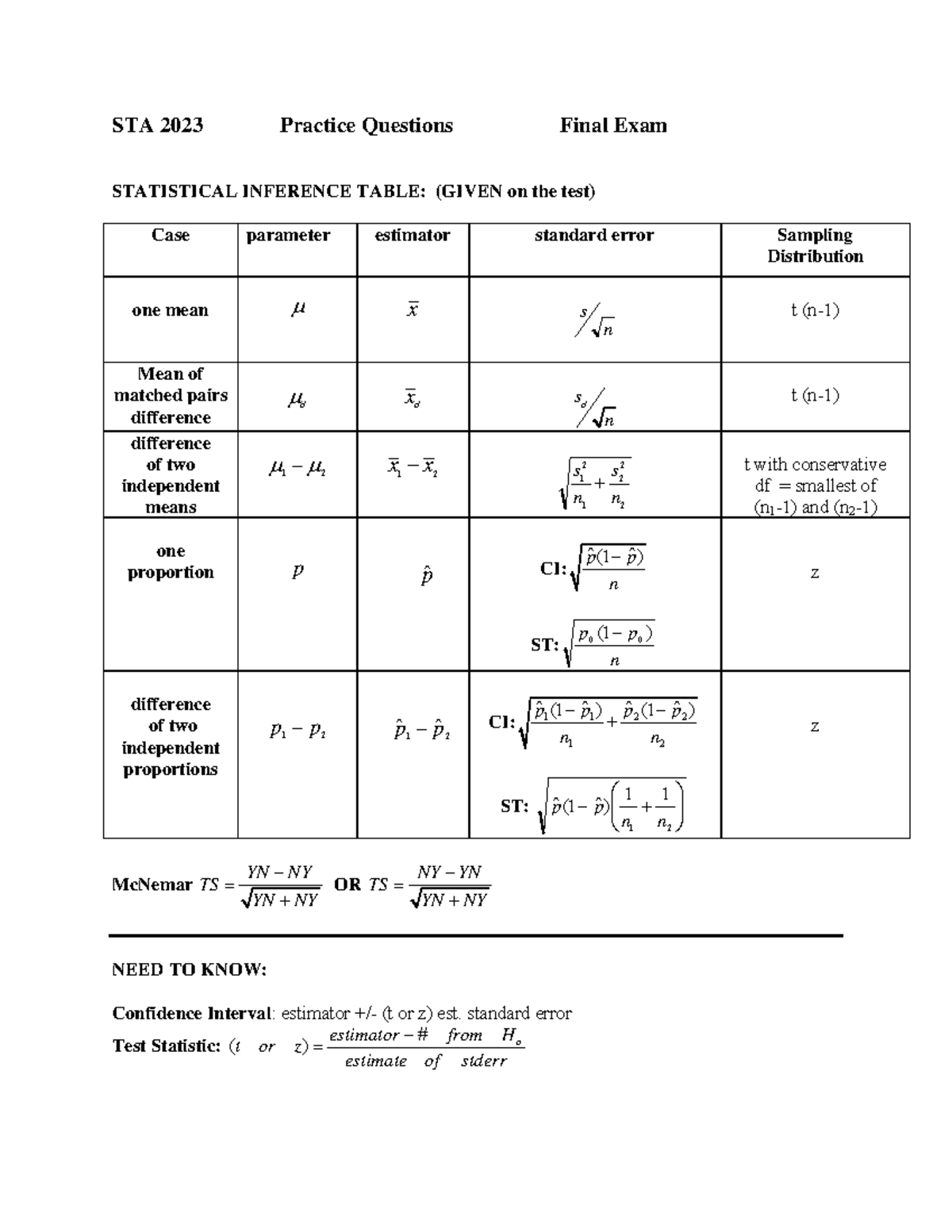 STA2023 Final Exam Practice Questions and Key Concepts - Studocu