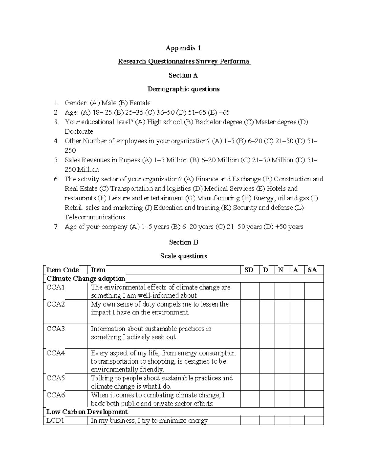Appendix 1 - Research Questionnaires for Climate Change Study - Studocu