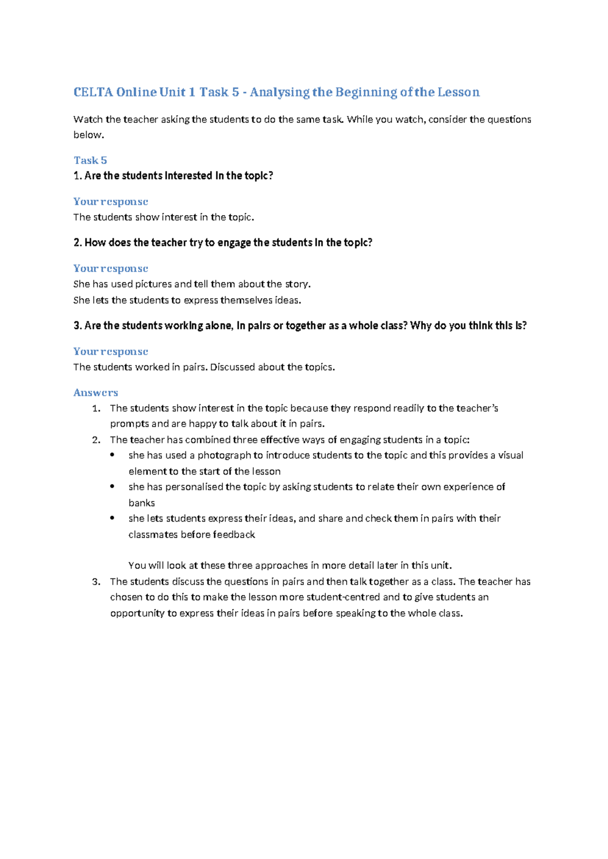 Celta Online Unit 1 Task 5 - Engaging Students in Lesson Beginnings ...