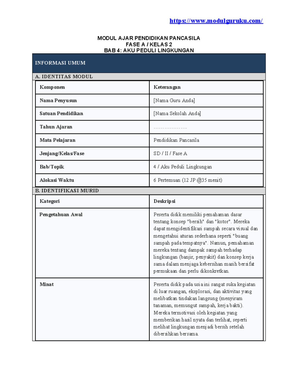 Modul Ajar Pendidikan Pancasila Kelas 2 Fase A: Bab 4 - Aku Peduli Lingkungan - Document Preview