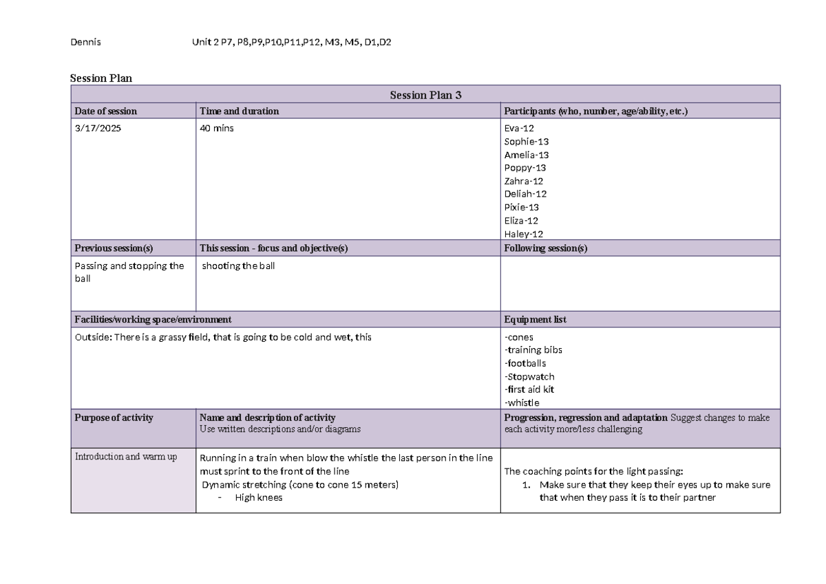 Dennis Unit 2 Session Plan 3: Skills Development & Evaluation (P7-P12 ...