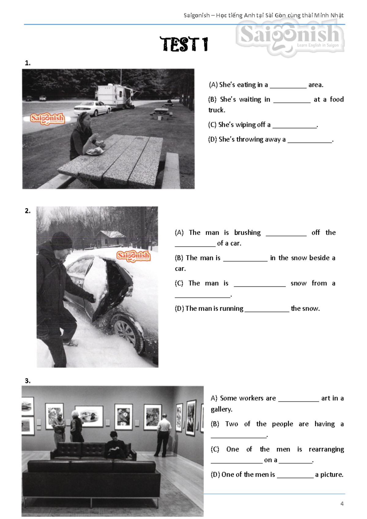 Chép script Toeic - TEST 1 1. (A) She’s eating in a __________ area. (B ...