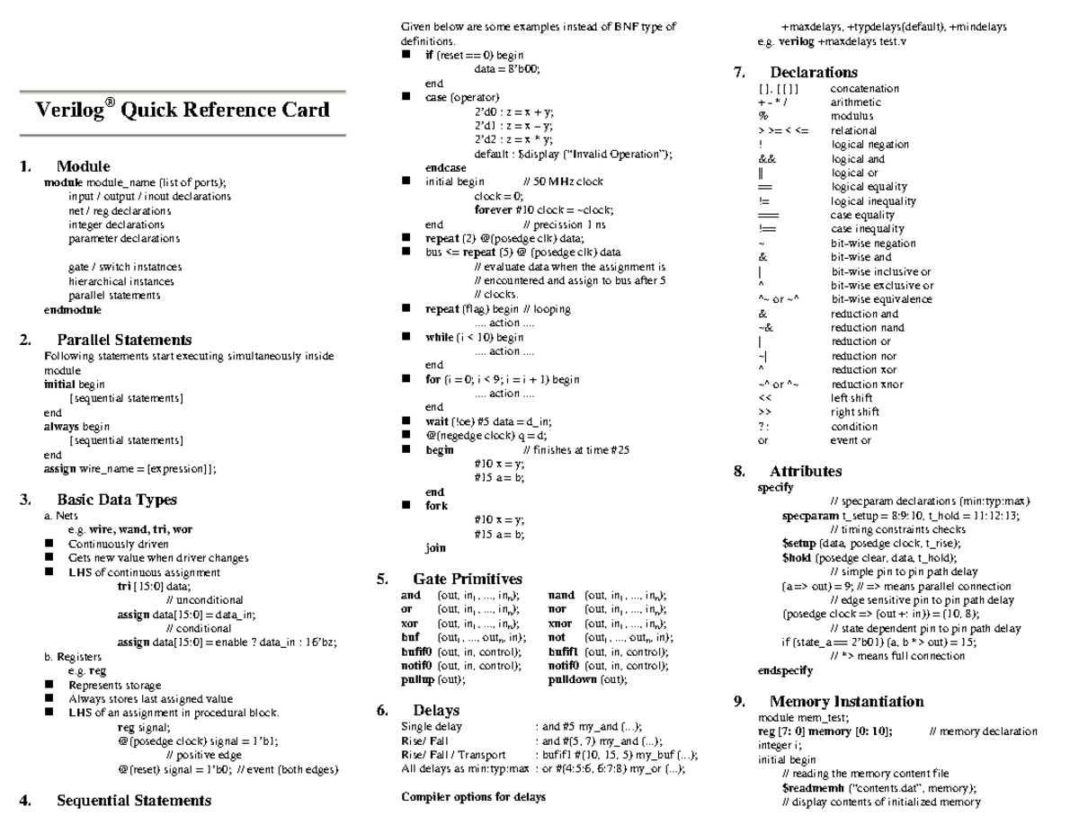 Verilog(R) QRC 02 - Cheatsheet for Verilog Programming - Studocu
