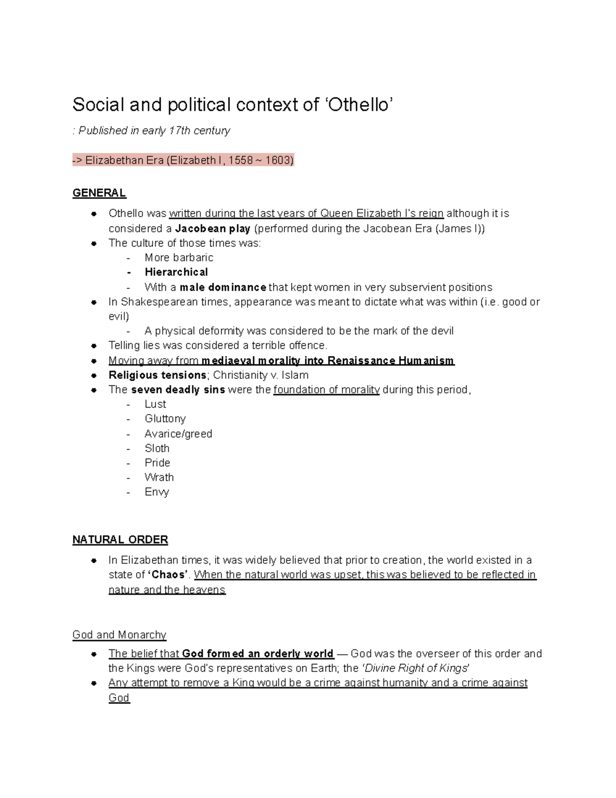Othello: Social & Political Context - Key Notes and Analysis - Studocu