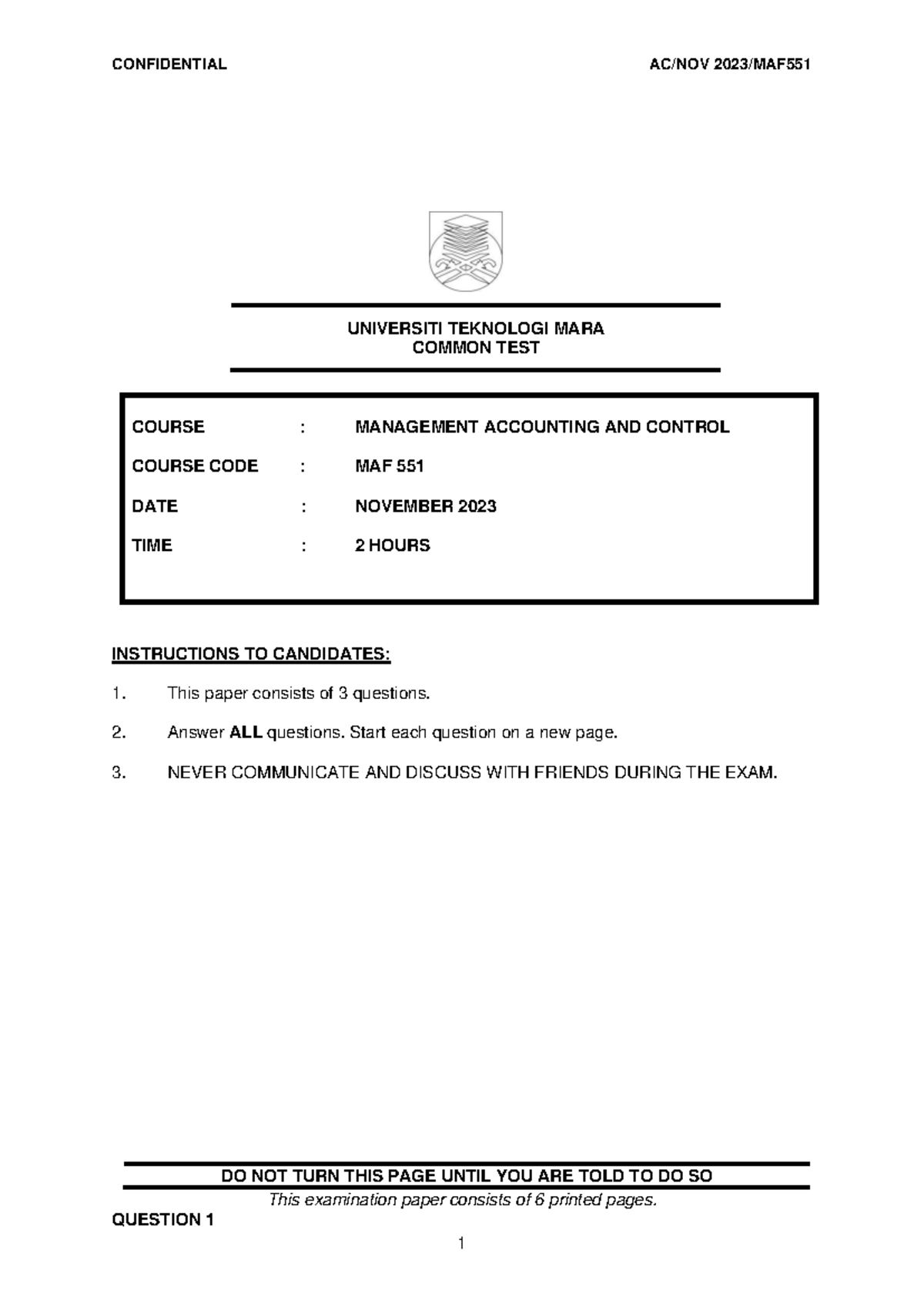 Test 1 - Common Test MAF 551: Management Accounting & Control Nov 2023 ...