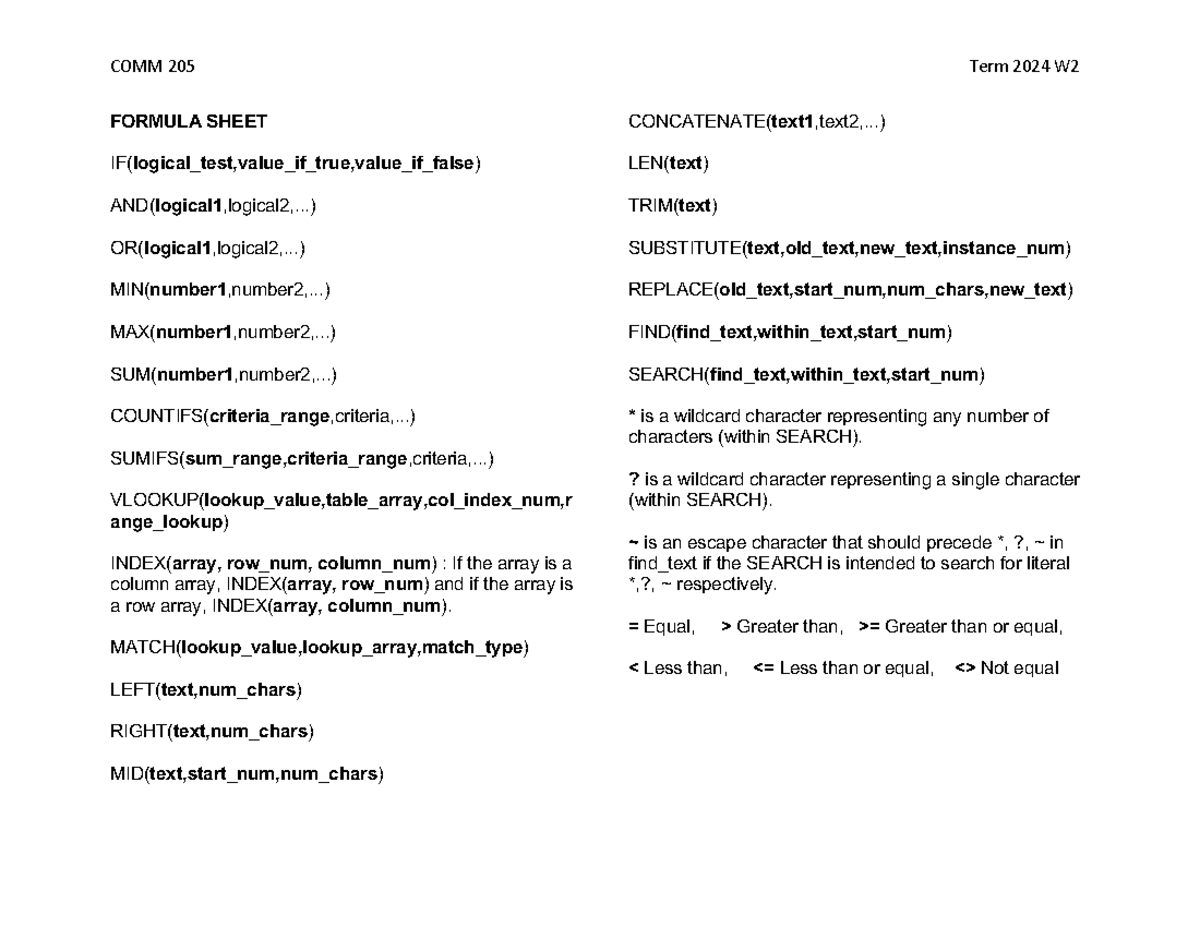 Formula Sheet - COMM 205 Term 202 4 W 2 FORMULA SHEET IF(logical_test ...