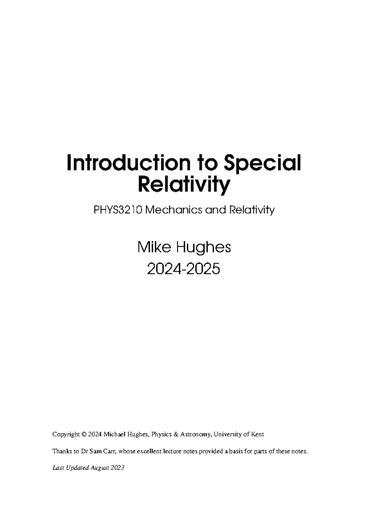 Special Relativity Lecture Notes PHYS3210: Mechanics & Relativity - Studocu