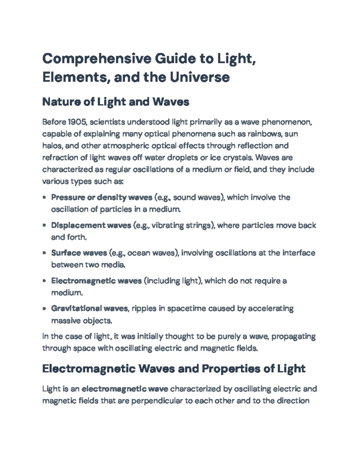 Comprehensive Study of Light, Elements, and the Universe (PHYS 101 ...
