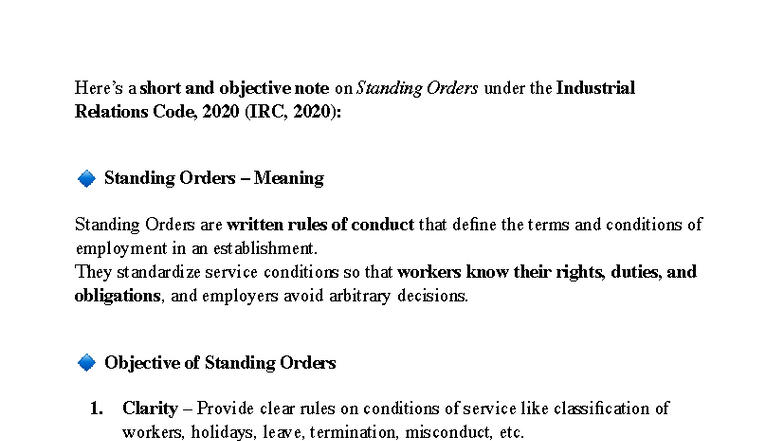 Labour Law Notes: Standing Orders under IRC, 2020 Explained - Studocu